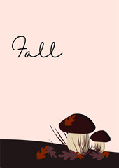 Autumn porcini mushrooms in the grass. Autumn posters and postcards. Orange and red leaves for the background.