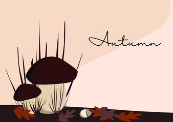 Autumn porcini mushrooms in the grass. Autumn posters and postcards. Orange and red leaves for the background.