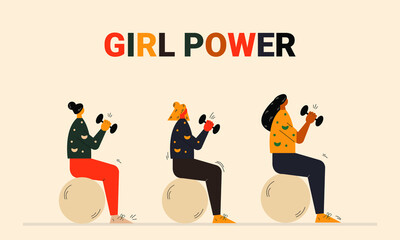 Three young girls doing sports together. Girl power concept. Strong young female characters doing workouts. Inclusion conept. Vector illustration in modern colorful style eps 10. 