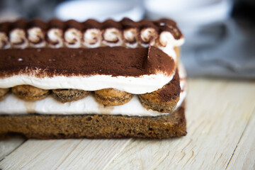 Tiramisu. Traditional italian dessert on wooden background. coffee break