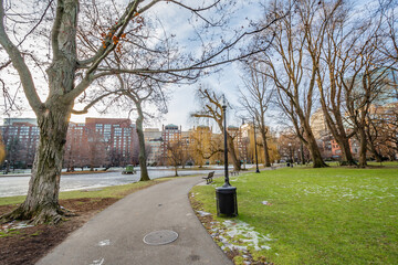 Walkway in Boston Public Garden in the morning, no people.