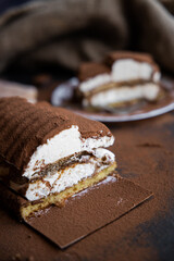 Tiramisu cake on a dark slate,stone or metal background. Selective focus