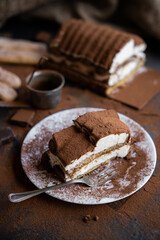 Tiramisu cake on a dark slate,stone or metal background. Selective focus