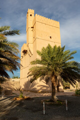 Fototapeta na wymiar View at Fort Fiqain behind palm trees in Manah, Oman