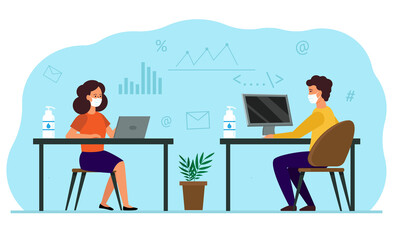 A man and a woman sit opposite each other in the workspace. Employees in medical masks, protection measures in the office from coronavirus. Team communication using social distance. Flat illustration 