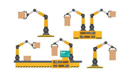 Set of mechanical robots holding boxes. Industrial robotic arm lifts a load. Modern industrial technology. Appliances for manufacturing enterprises. Isolated. Vector.
