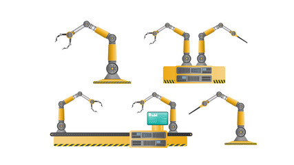 Set of robotic hands. A mechanical robot with a tentacle. Modern industrial technology. Appliances for manufacturing enterprises. Isolated. Vector.