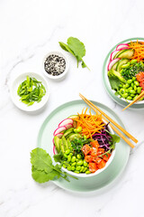 Salmon poke bowl, top down view