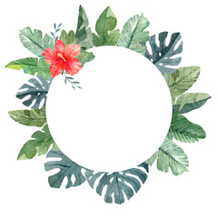 Frame with tropical leaves and flowers: banana leaf, monstera, hibiscus. Hand drawn watercolor illustration on white background