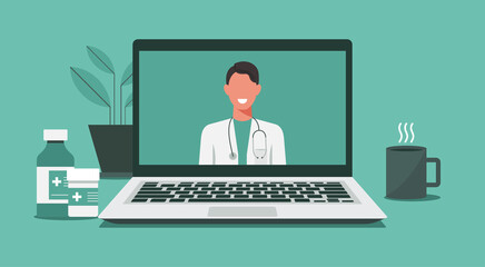 online healthcare and medical consultation and support services concept, doctor teleconferencing with stethoscope on laptop computer screen, conference video call, new normal, vector flat illustration