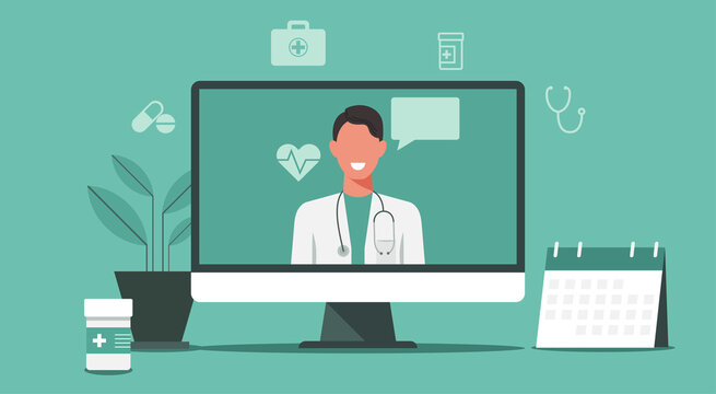 online healthcare and medical consultation services concept, doctor teleconferencing with stethoscope on computer screen, conference video call, new normal, icon vector flat illustration