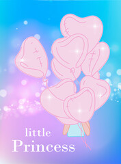 Vector illustration of Little Princess text for planner. Sweet girl with balloon in shape of heart. Brilliant greeting card, poster. Inspirational quote. Blur bokeh background holographic gradient