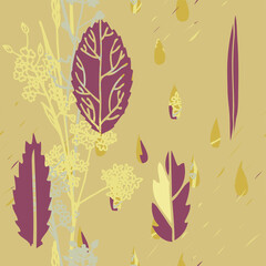 Vector seamless pattern with falling leaves and herbs