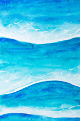 Fototapeta na wymiar Watercolor hand-drawn sea foam near the shore. Storm while resting, oncoming waves. Relaxing ocean view