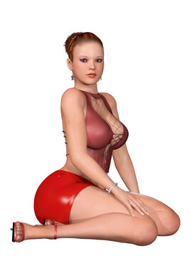 3d render of beautiful and cute girl , sit with red latex miniskirt and high heel