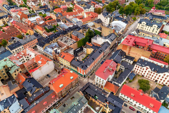 Aerial view of the colourful centre of Lund City, Malmoe in Sweden.