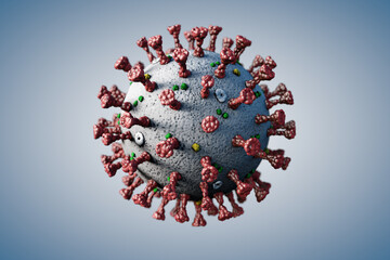 Medical illustration, Coronavirus virus microbe with spikes of glycoproteins, M-Proteins, E-Proteins and Hemmagglutin-esterase, on a grey background