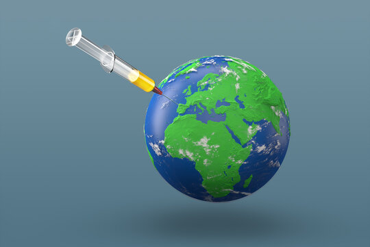 Planet earth globe 3D rendering of the earth with a syringe needle inserted, a vaccine immunization or treatment.
