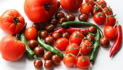 tomatoes and chili peppers  on a light background close up