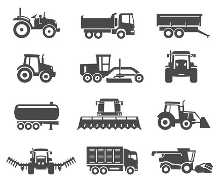 Agricultural machinery, vehicles black silhouette icons set isolated on white.