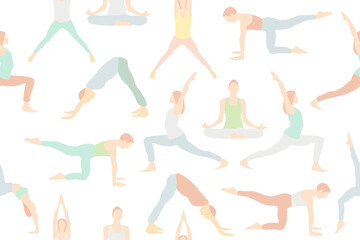 Yoga poses seamless pattern on transparent background. Repetitive vector illustration of various yoga poses.