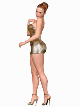 3d render of beautiful woman with pretty face and curvy body, with reflective gold miniskirt and high heels