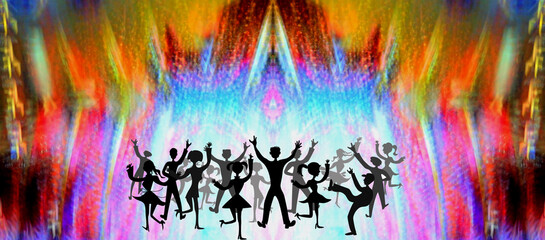 Illustration of multicolored background with an audience in silhouettes