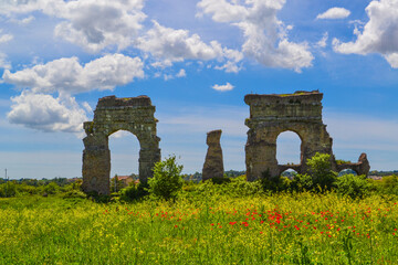 Fototapeta na wymiar The view on the ancient Rome aqueducts remainings