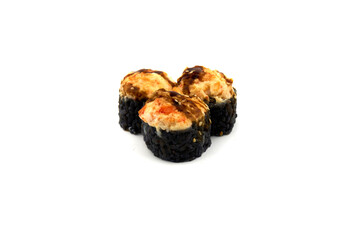 Sushi Roll made of Fresh shrimp Isolated on white. Japanese cuisine. Asian food Isolated on white. Sushi roll with black rice with cuttlefish ink inside.