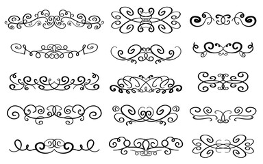 Decorative page divider. Isolated. Hand drawn vector icons set on white background. Original scroll elements. Borders. Vector illustration.