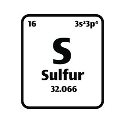 Sulfur (S) button on black and white background on the periodic table of elements with atomic number or a chemistry science concept or experiment.	