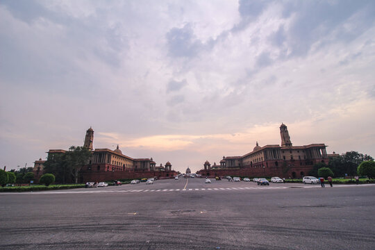 Rashtrapati bhawan on the rajpath road,new Delhi in golden hour with reflection.also known as president estate