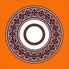 Vector drawing - round frame with a repeating traditional Slavic pattern resembling embroidery on an orange isolated background