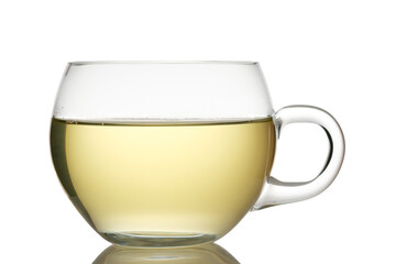 Glass cup of green tea white isolated