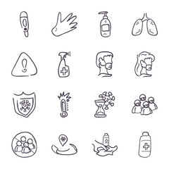 Medical care and covid 19 virus line style icon set vector design