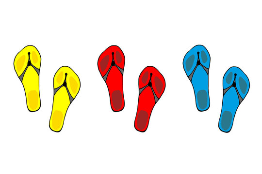 Set of multi-colored summer flip flops.  Beach shoes. Yellow, red, blue. Vector illustration