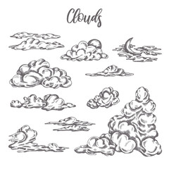 Set of clouds in hand drawn vintage retro style isolated on white background Retro sketch of sky