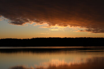 Mirror image of pink light sky with bright burning crimson clouds in the lake at dawn.The illuminated black forest on the horizon is copied in the calm water.A glossy picture in the twilight.Russia