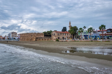 Larnaca, Cyprus-March 2019.Lively finikoudes beach next to the old castle in the city center