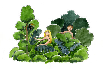 Watercolor drawing Adam and Eve in the Eden garden