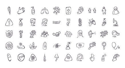 Medical care and covid 19 virus line style icon set vector design