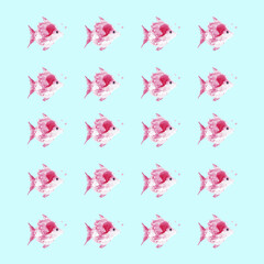 watercolor hand painted pink fish background on light blue pattern