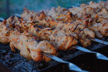 Fry kebabs mounted on skewers. Below are hot charcoals.