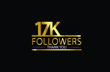 17K, 17.000 Followers celebration logotype with golden and Spark light white color isolated on black background for social media - Vector