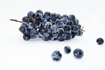 Seedless black grapes isolated on white background.