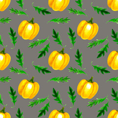 Healthy vegetables seamless pattern with yellow pepper. Watercolor pattern on gray background