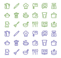 Set of icons for cooking and kitchen, vector lines, contains icons such as a knife, saucepan, boiling time, mixer, scales, recipe book. Editable stroke, perfect 480x480 pixels, white background