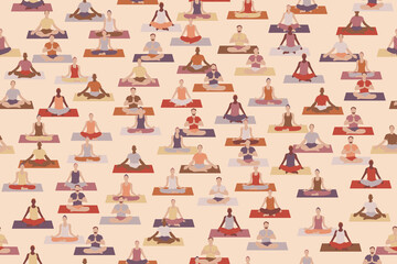 Yoga people sitting in lotus position, seamless pattern. Repetitive vector illustration.