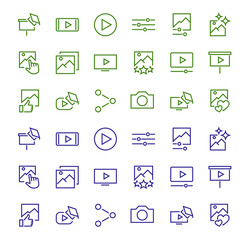Set of Images Gallery vector line icons. Contains icons such as video, play video, edit images, Business Training, like photo. Editable stroke. Vector illustration
