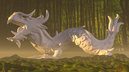 Representacion 3D de un dragón sobre un bosque. Al atardecer